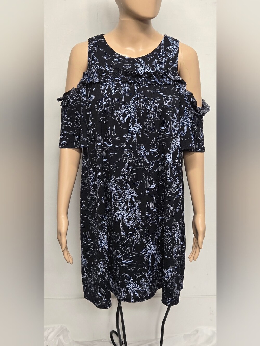 LC Lauren Conrad M Cold Shoulder Dress Nautical Ruffle Elastic
